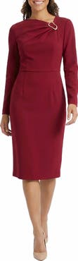 London Times Buckle Detail Long Sleeve Sheath Dress