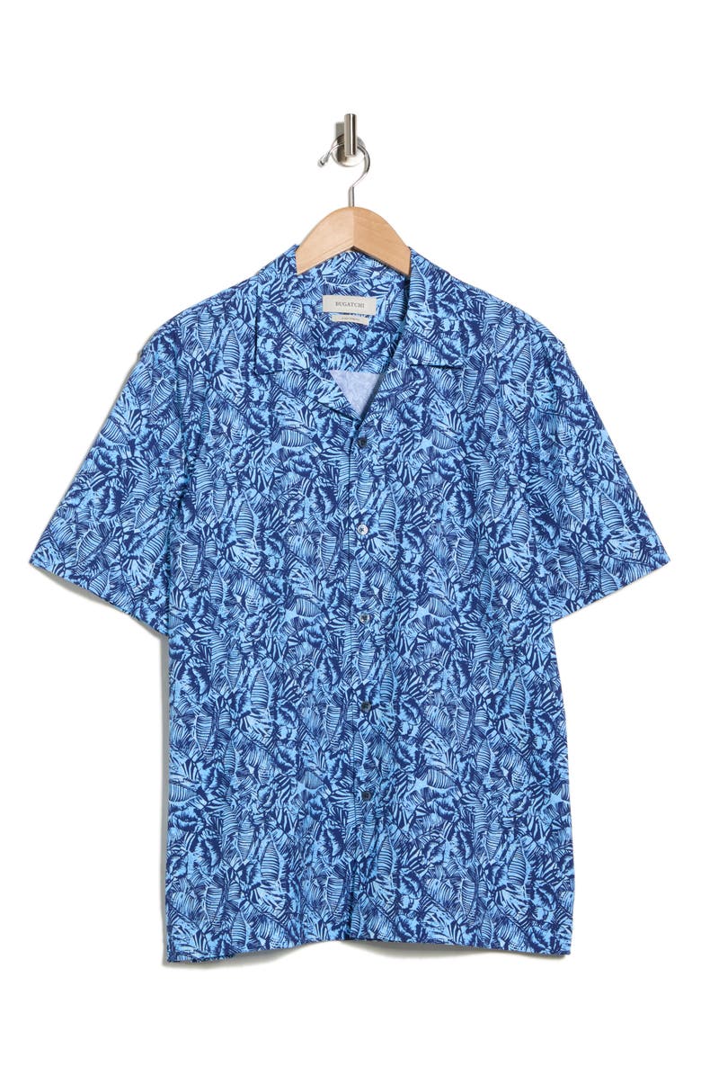 Bugatchi Leaf Print Camp Shirt, Main, color, Air Blue