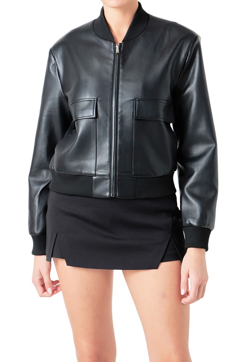 Faux Leather Bomber Jacket, Alternate, color, BLACK