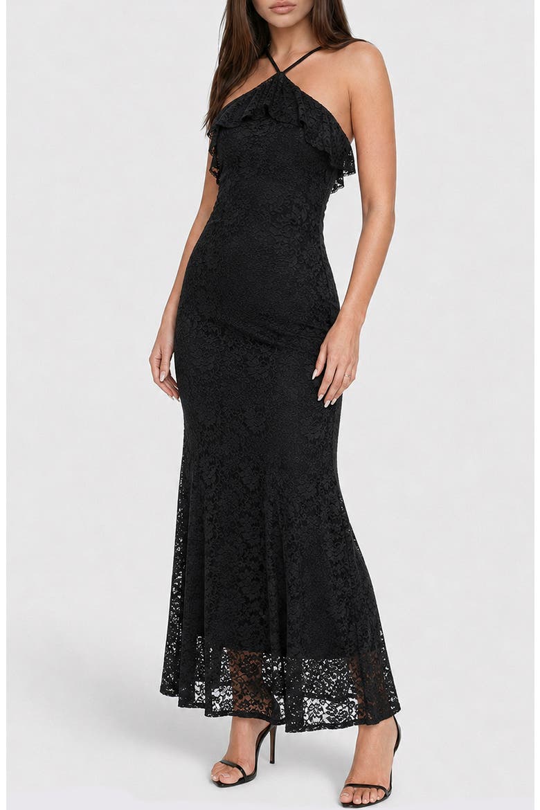 Lace Ruffle Halter Maxi Dress, Alternate, color, BLACK