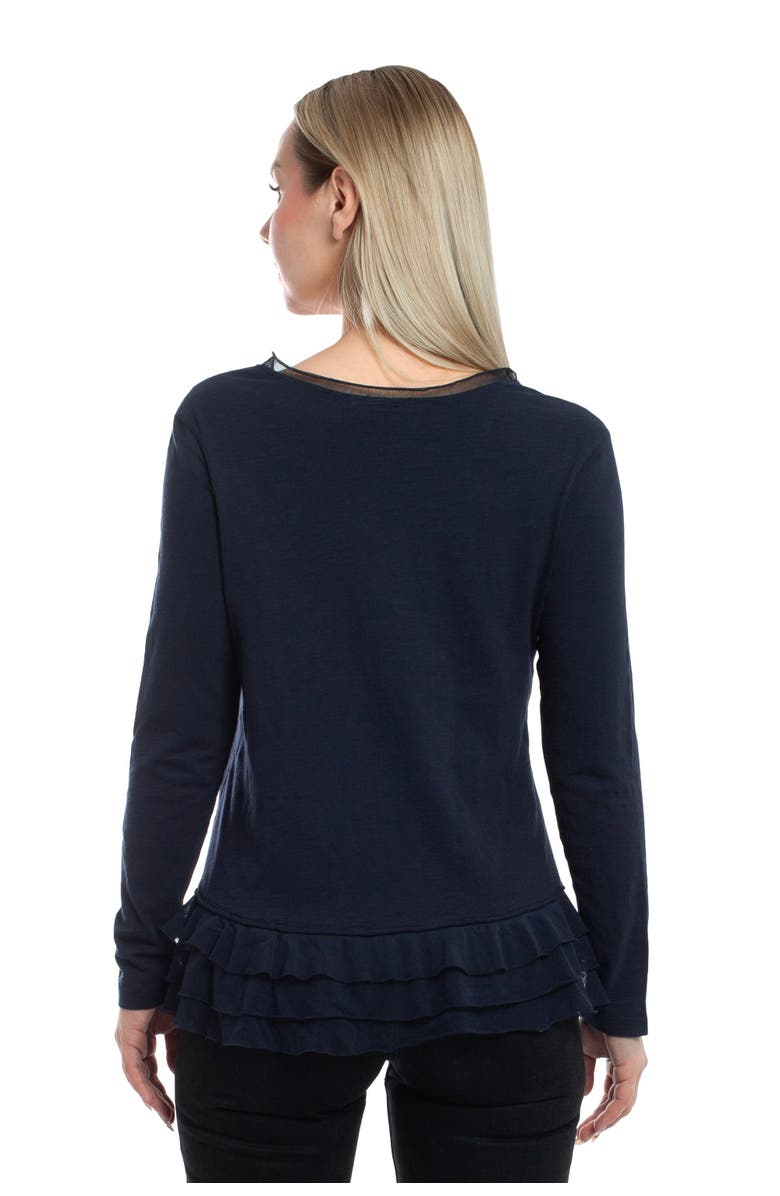 WILT Clothing V-Neck Mixed Media Long Sleeve Tee With Ruffle Hem, Alternate, color, Black