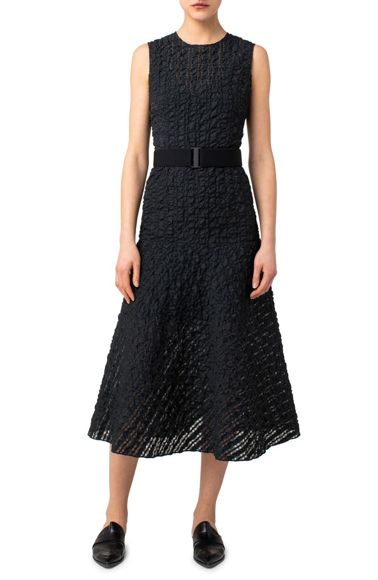 Akris punto A-Line Seersucker Organza Midi Dress, Main, color, Black