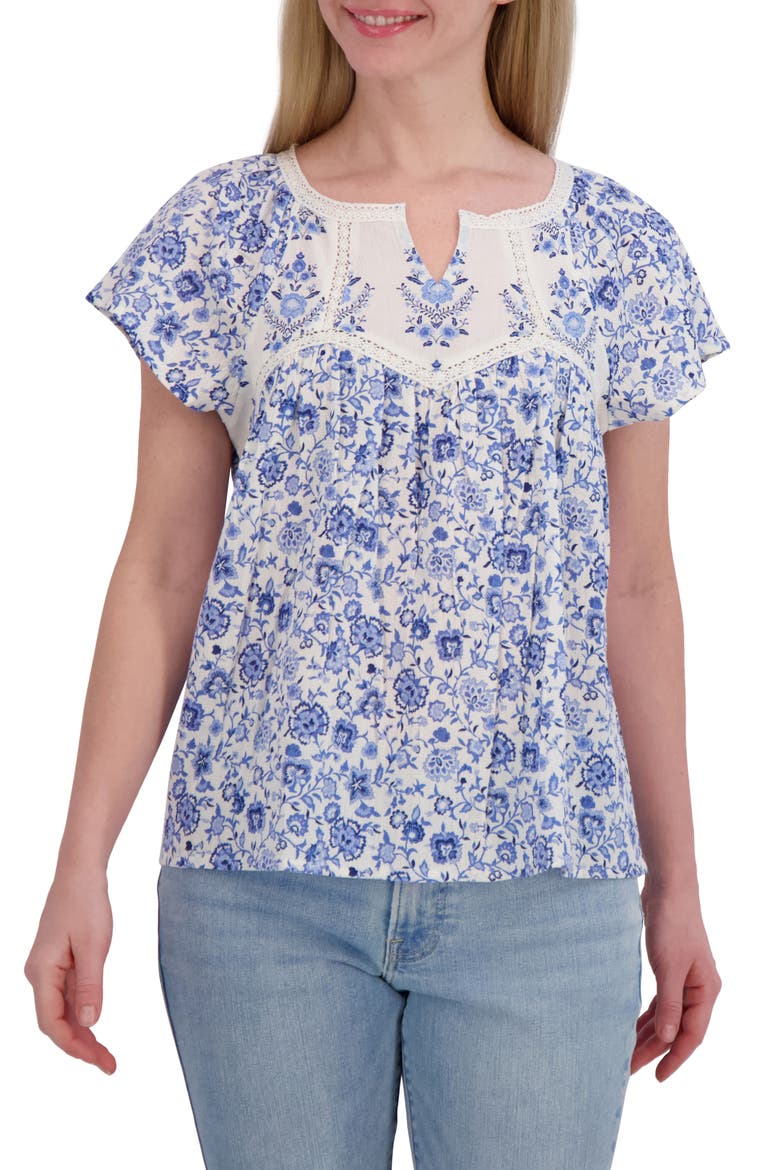 Floral Lace Trim Cotton Babydoll Top, Main, color, BLUE MULTI