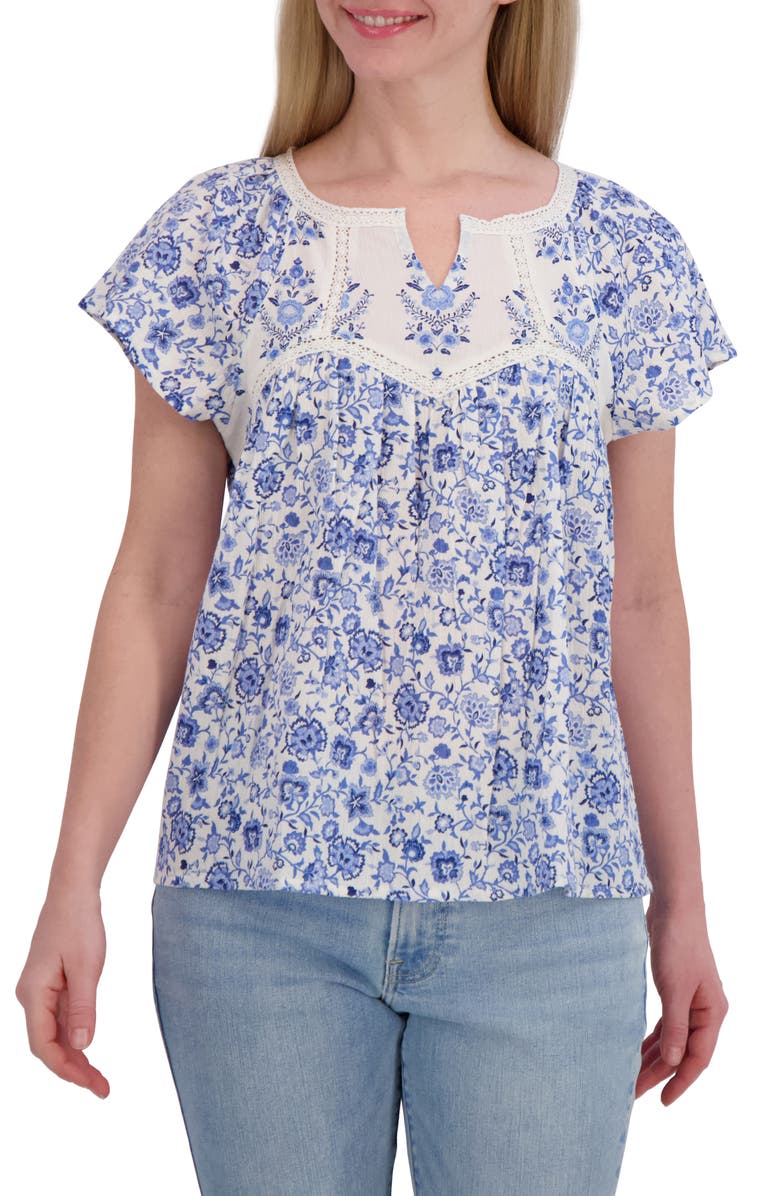 Lucky Brand Floral Lace Trim Cotton Babydoll Top, Main, color, Blue Multi