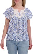 Lucky Brand Floral Lace Trim Cotton Babydoll Top