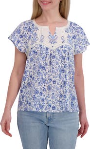 Lucky Brand Floral Lace Trim Cotton Babydoll Top