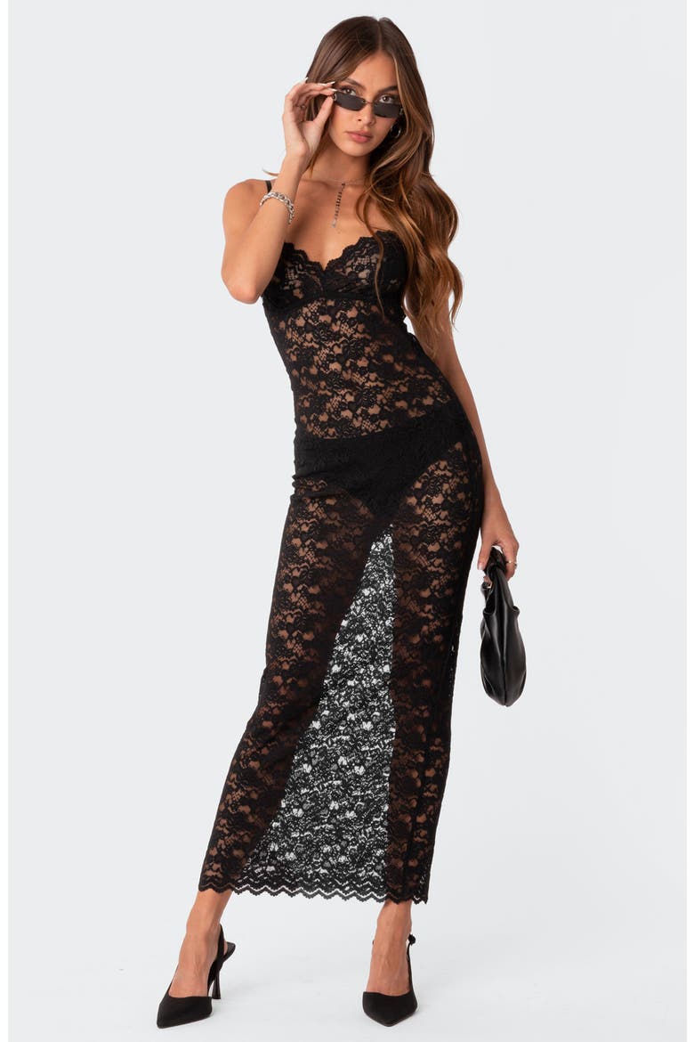 Xandra Sheer Lace Maxi Dress, Alternate, color, BLACK