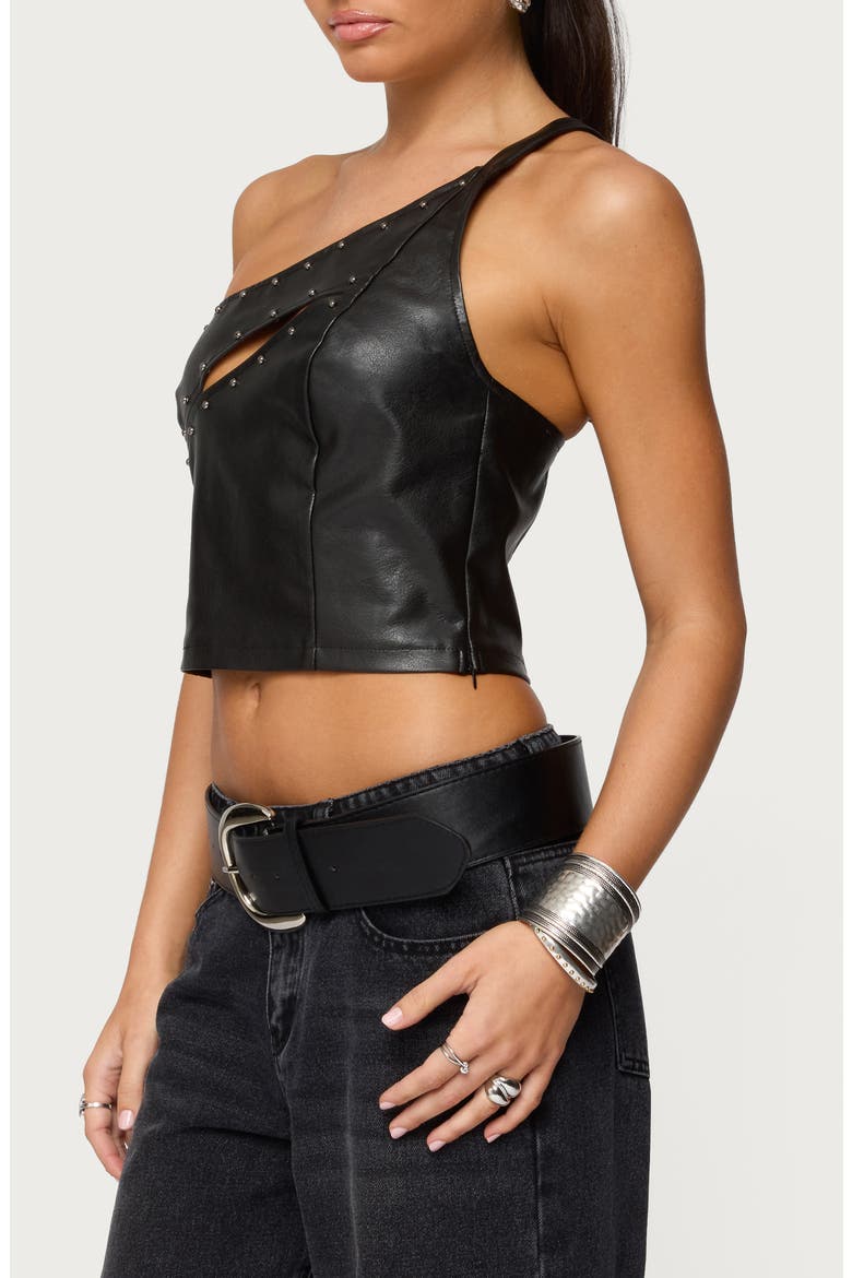 Cutout One-Shoulder Faux Leather Crop Top, Alternate, color, BLACK