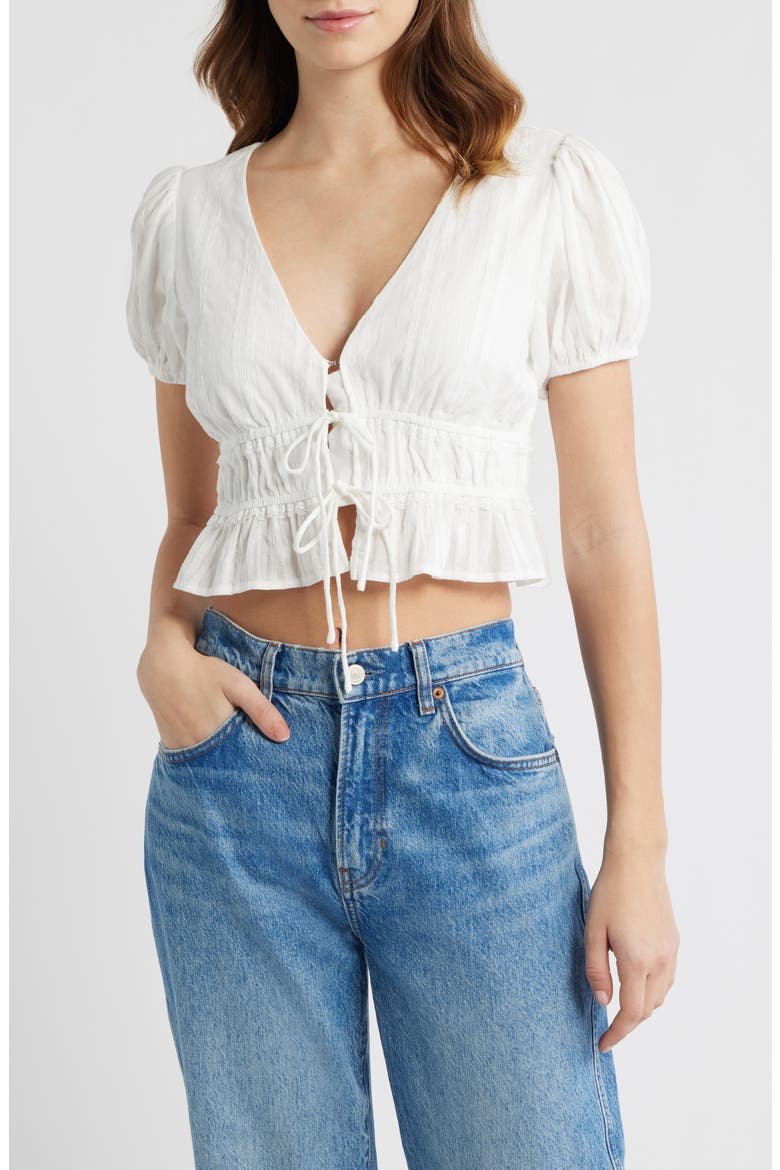 Smocked Tie Front Crop Top, Main, color, WHITE