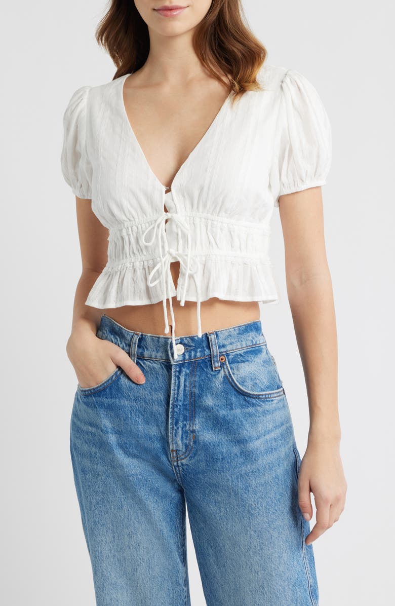 All in Favor Smocked Tie Front Crop Top, Main, color, White