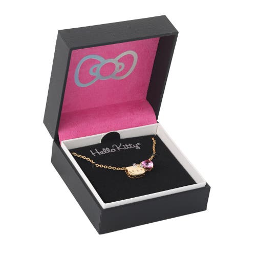 Hello Kitty Pink & White Sapphire Face With Heart Necklace, 18" In Gold