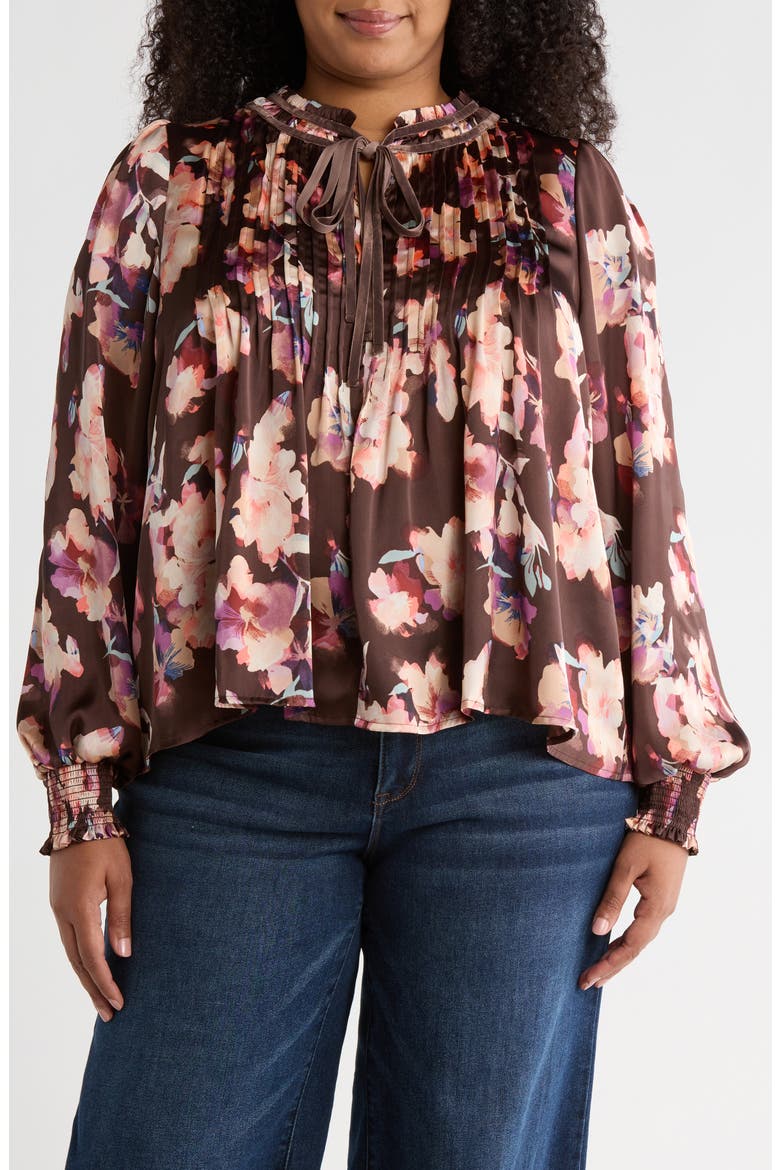Pintuck Satin Top, Alternate, color, BROWN FLOWER WASH