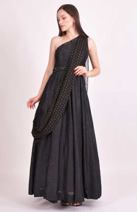 Oni One Shoulder Embroidered Saree Gown