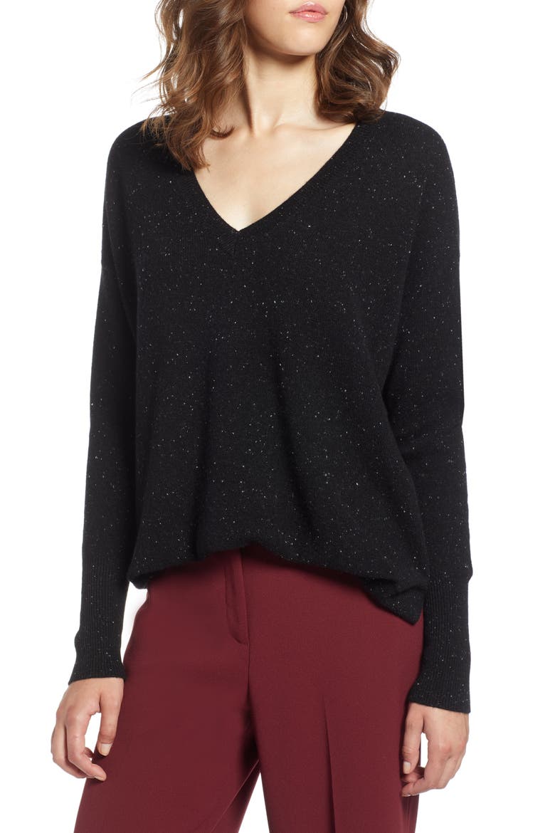 Relaxed V-Neck Cashmere Sweater, Main, color, BLACK NEP PATTERN