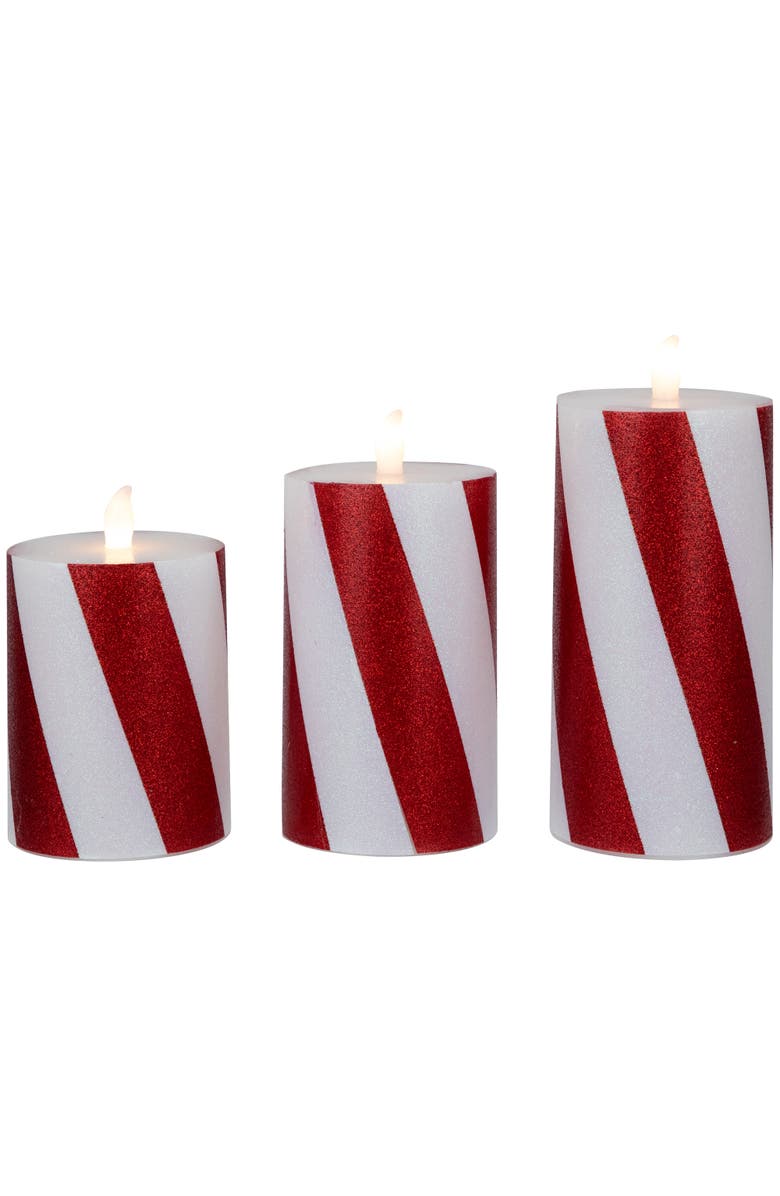 Northlight LED Flameless Flickering Candy Cane Wax Pillar Christmas Candles - 6" - Set of 3, Alternate, color, Red