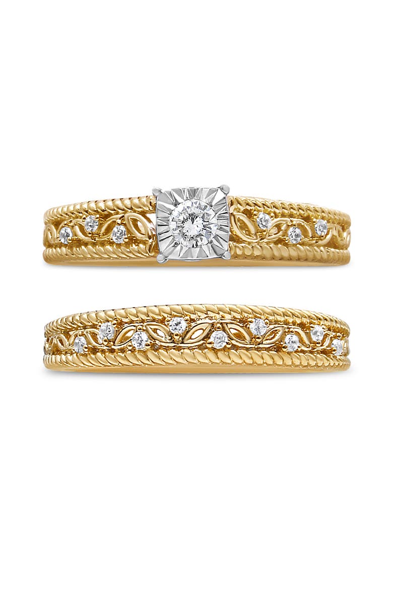 14K Yellow Gold Plated Silver 1/5 Cttw Diamond Art Deco Engagement Ring Bridal Set, Alternate, color, Yellow