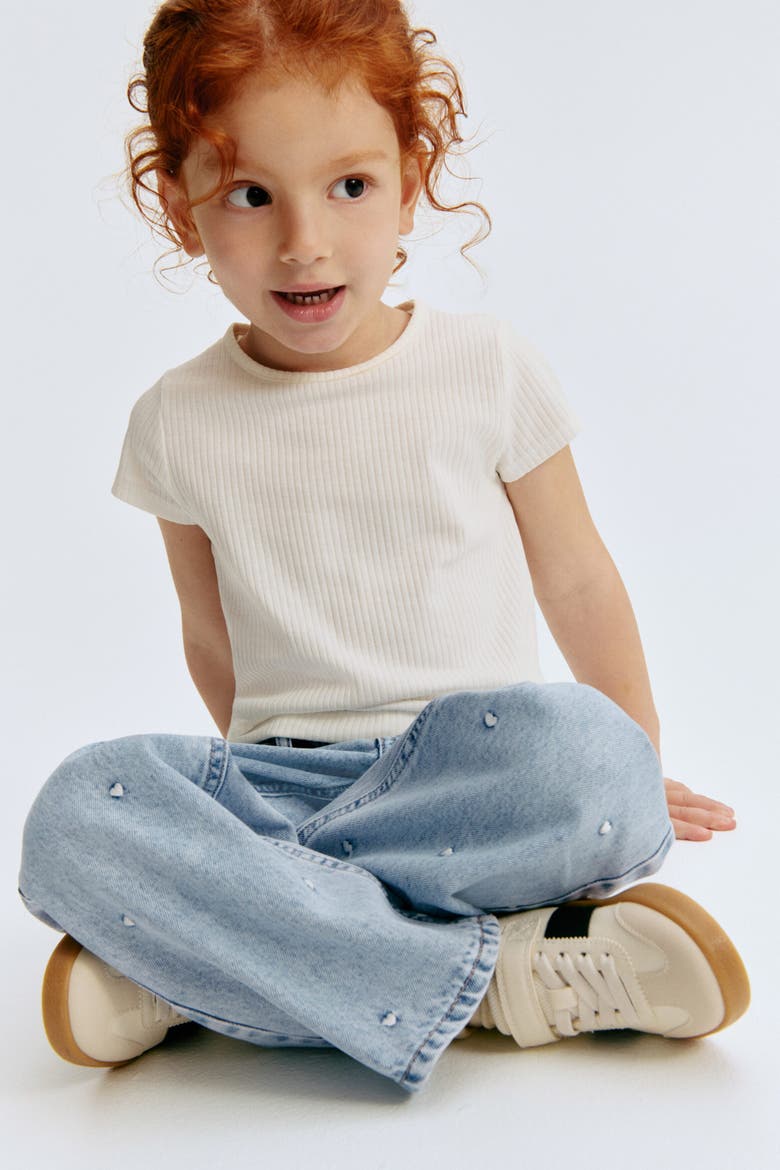 Wide-leg Jeans With Motif, Alternate, color, Light denim blue/hearts