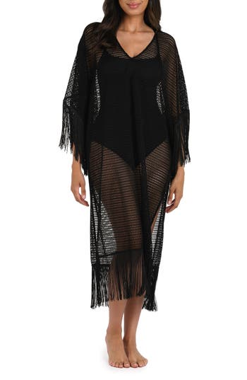 La Blanca Fringe Open Stitch Caftan in Black at Nordstrom Rack, Size Large/x-Large