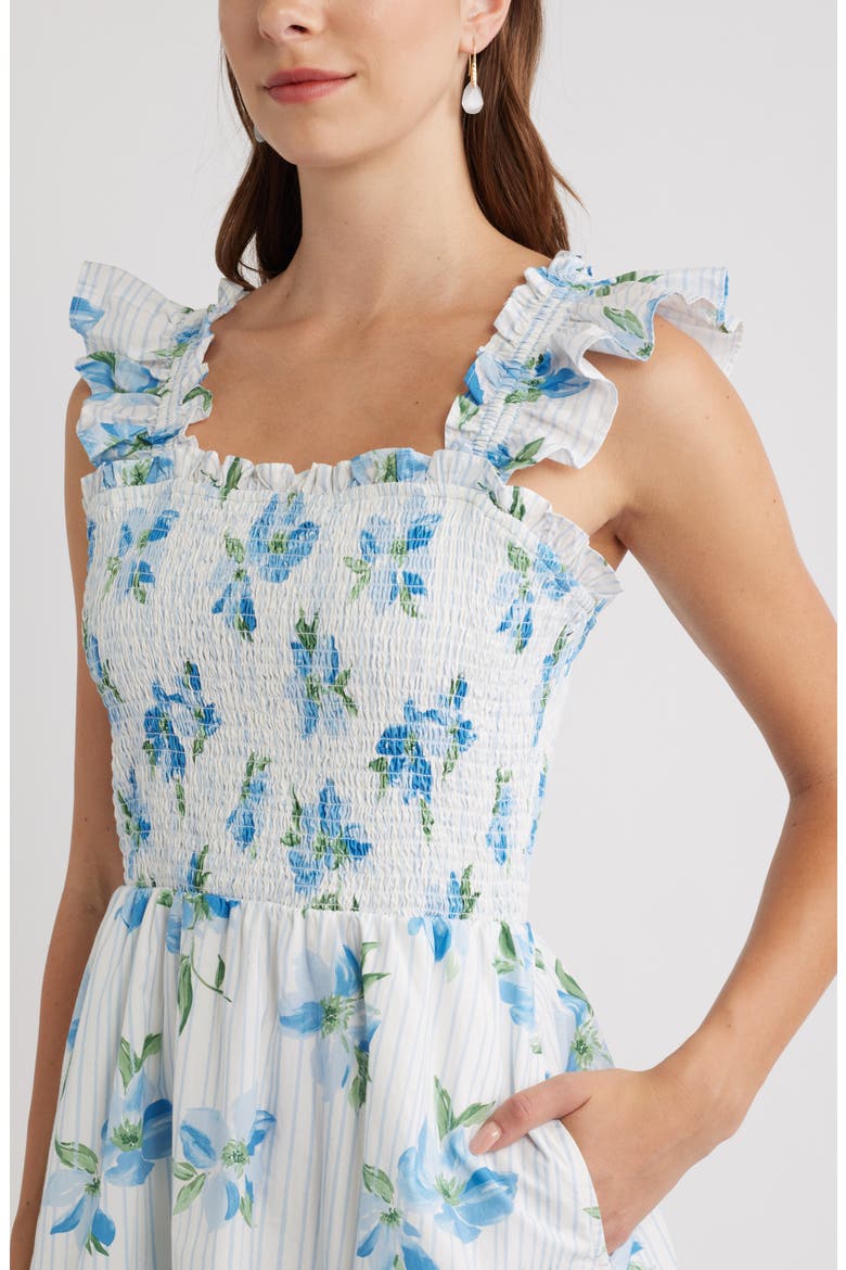 Smocked Tiered Cotton Ruffle Trim Minidress, Alternate, color, BLUE- GREEN STRIPED FLORAL