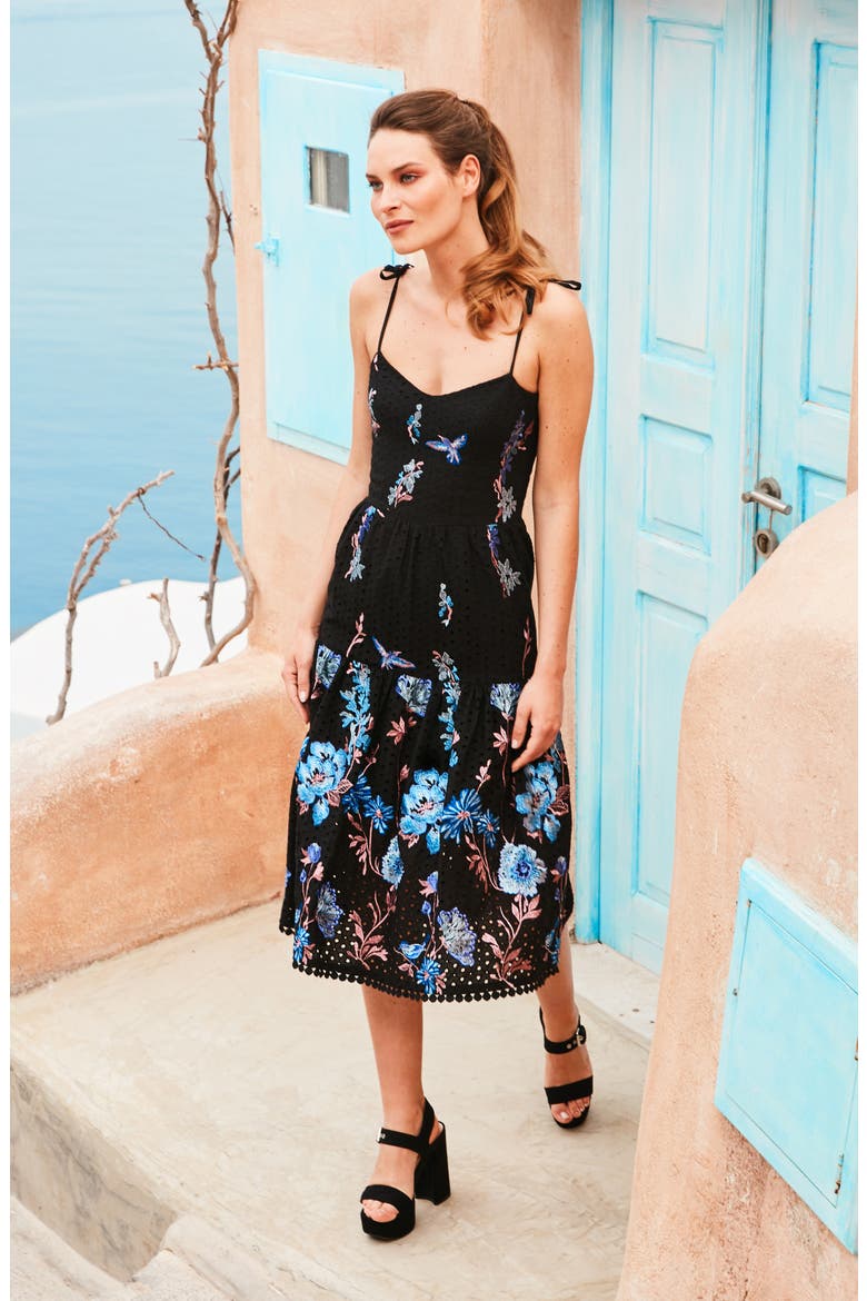 Abbie Floral Embroidered Eyelet Sundress, Alternate, color, BLACK/ PINK FLORAL