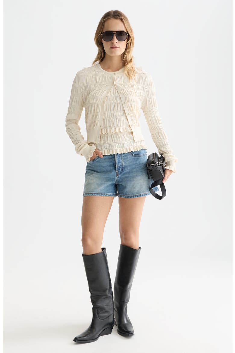 Smocked Crewneck Cardigan, Alternate, color, EGGNOG