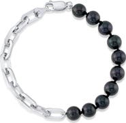 The Pearl Source 7.5-8.0mm Black Freshwater Pearl & Chain Blake Bracelet for Women