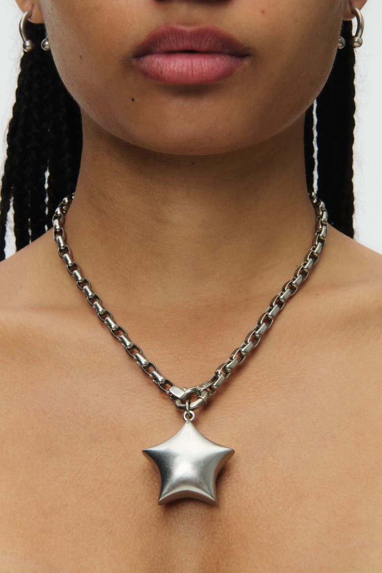 Puffed Star Paperclip Necklace, Alternate, color, Silver