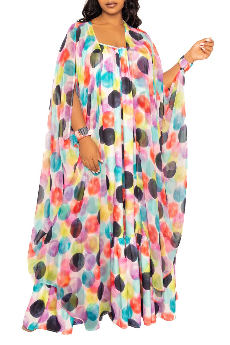 Polka Dot Print Chiffon Robe with Wrist Bands, Main, color, VIOLET MULTI