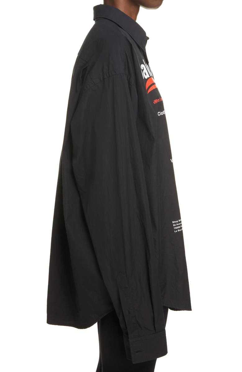 Balenciaga Dry Cleaning Logo Oversize Poplin Button-Down Shirt, Alternate, color, 