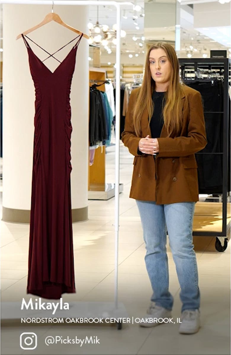Ruched Lace-Up Jersey Column Gown, sales video thumbnail