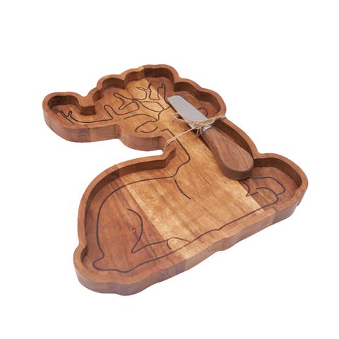 Christmas Reindeer Acacia Wood Serving Board w/ Cheese Spreader 10.75" x 11"