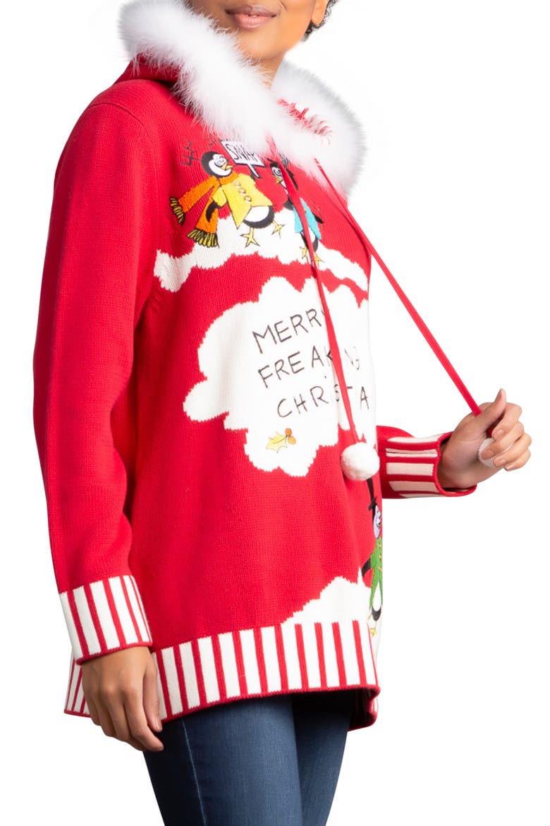 Merry Freaking Christmas Oversize Hooded Sweater, Main, color, RED