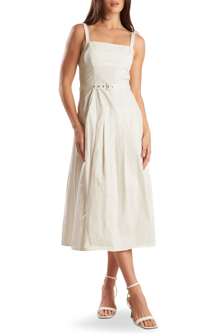 Square Neck Belted Cotton Midi Sundress, Main, color, WHITE