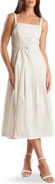 FREEMARKET Square Neck Belted Cotton Midi Sundress