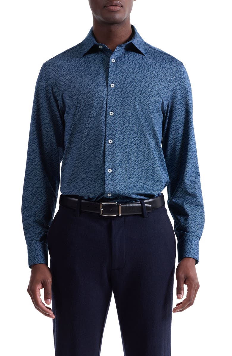 Bugatchi James OoohCotton<sup>®</sup> Leaf Print Twill Button-Up Shirt, Main, color, Navy