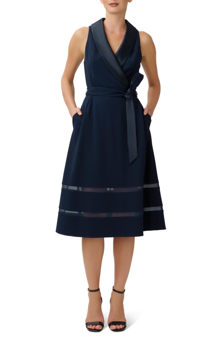 Satin Trim Crepe Midi Tuxedo Dress, Main, color, MIDNIGHT