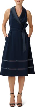 Adrianna Papell Satin Trim Crepe Midi Tuxedo Dress