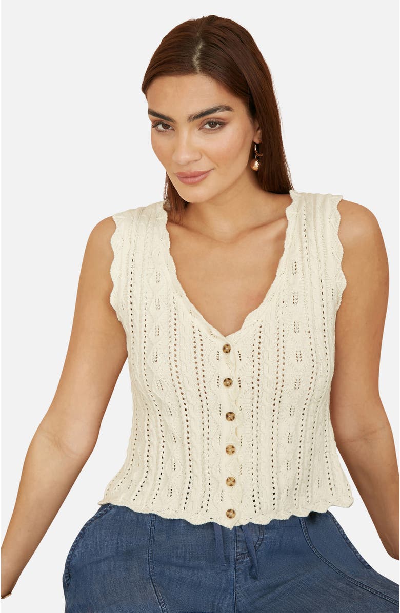 Yumi V Neck Button Down Crochet Knitted Top, Main, color, Ivory