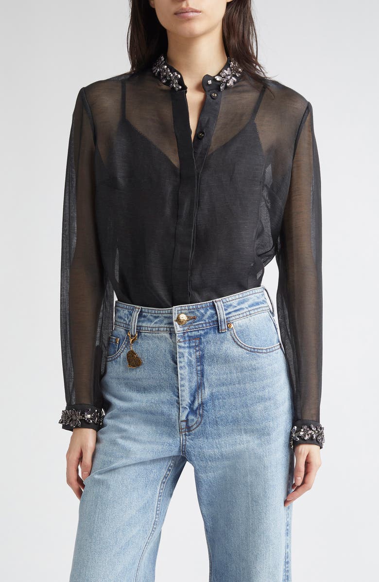 Zimmermann Hypnotic Crystal Embellished Sheer Linen & Silk Button-Up Shirt, Main, color, Black