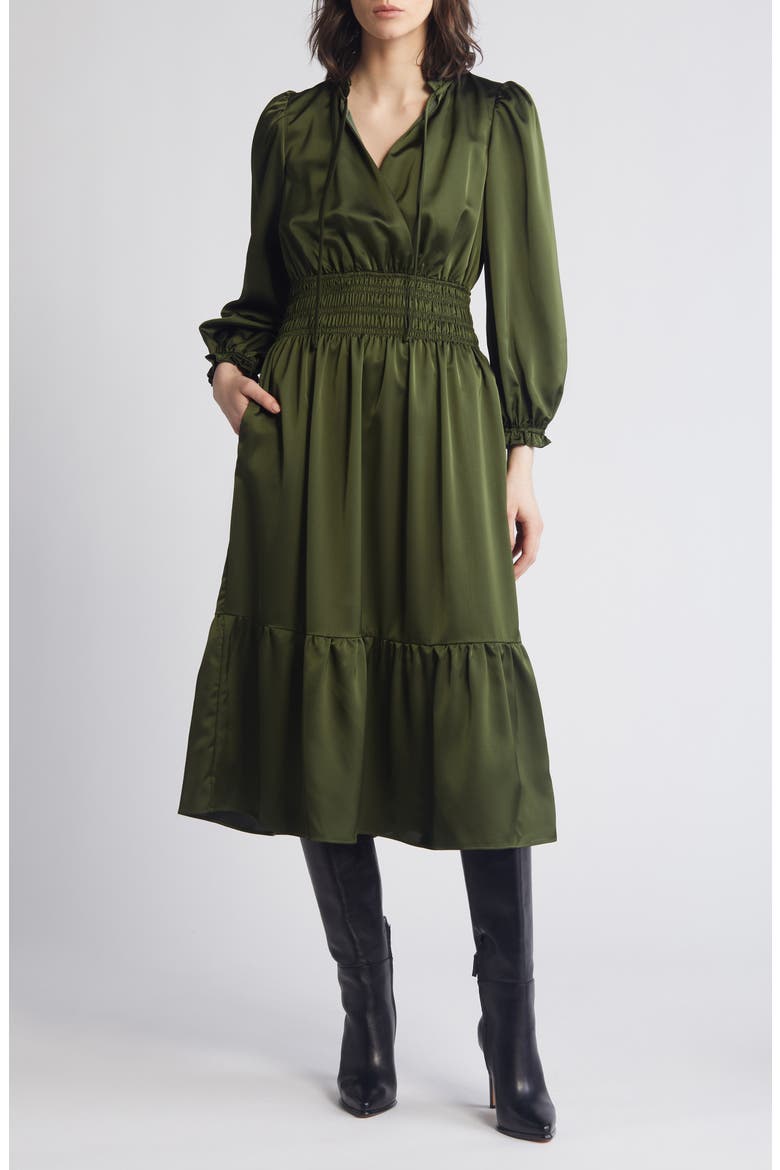 Ruffle Trim Long Sleeve Satin Dress, Main, color, OLIVE