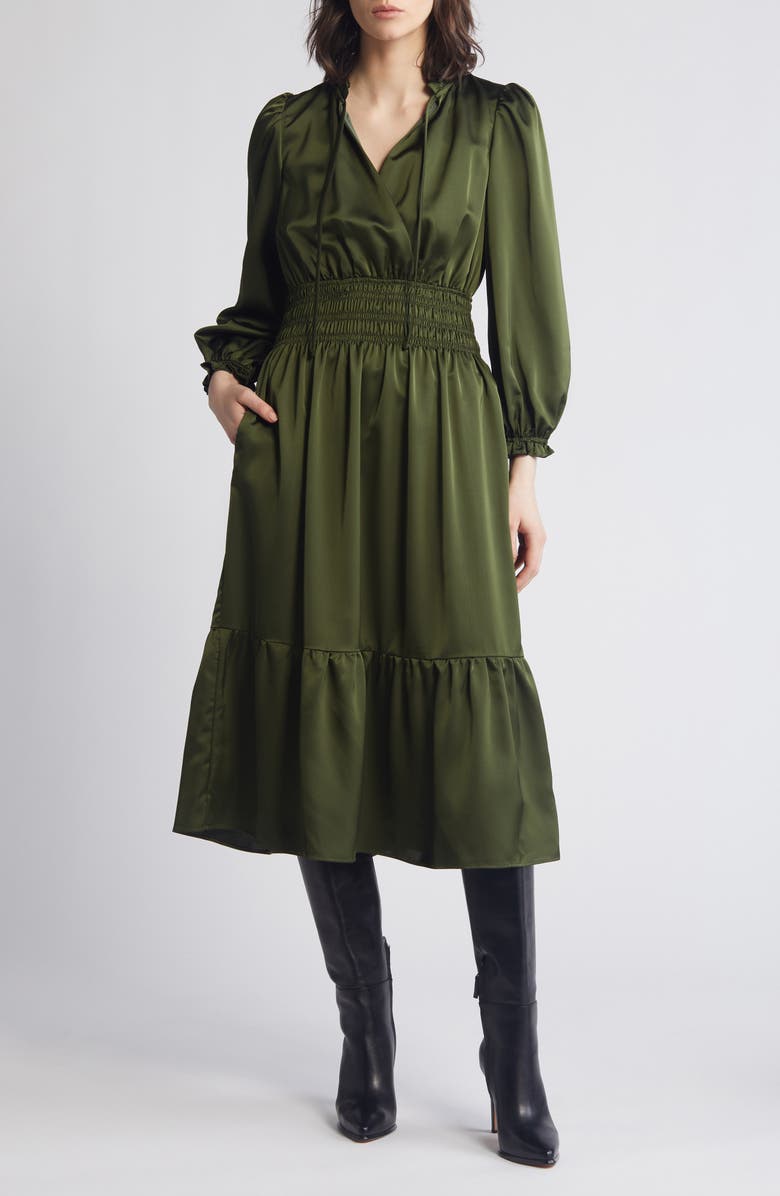 Eliza J Ruffle Trim Long Sleeve Satin Dress, Main, color,