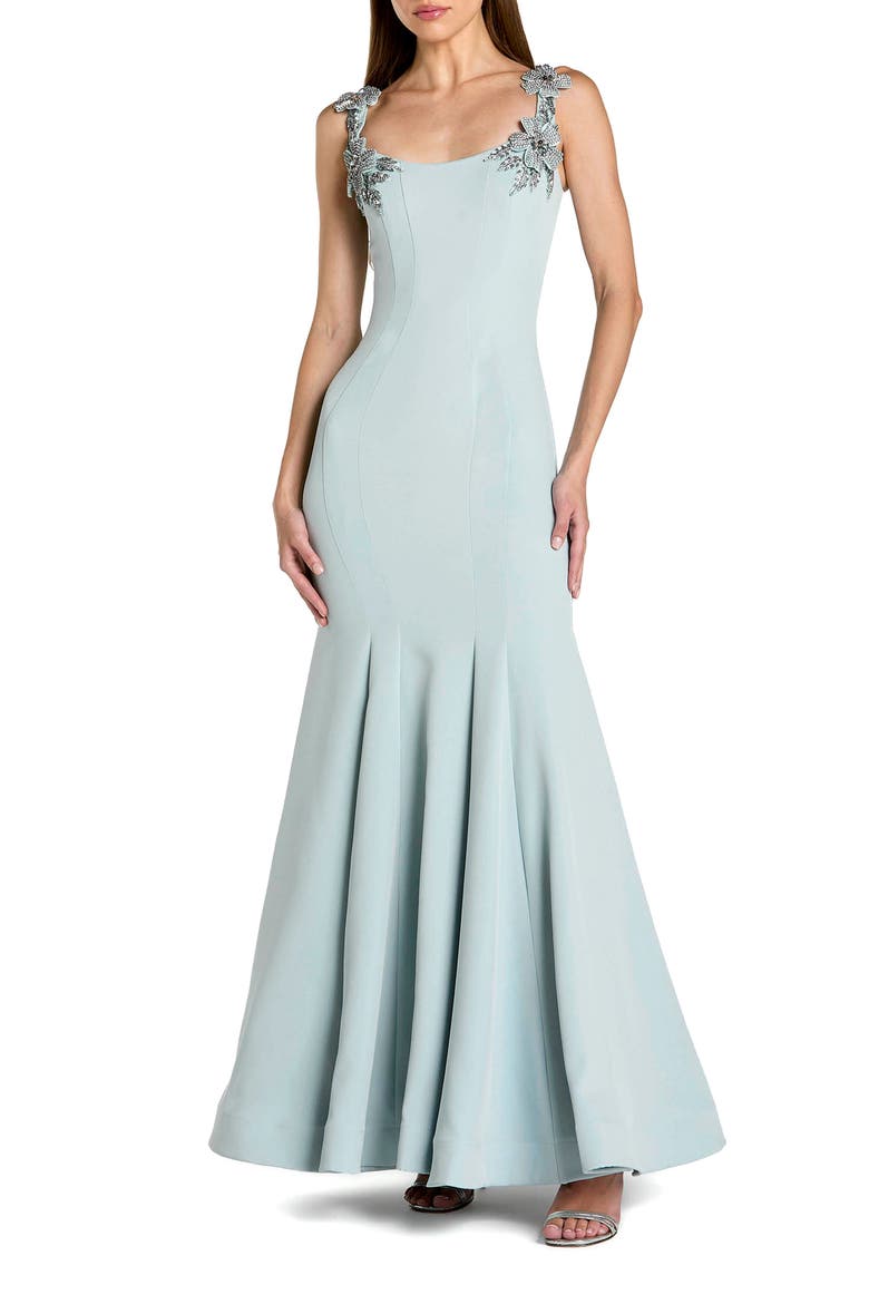 Beaded Crepe Sleeveless Scoop Neck Mermaid Gown, Main, color, Powder Blue