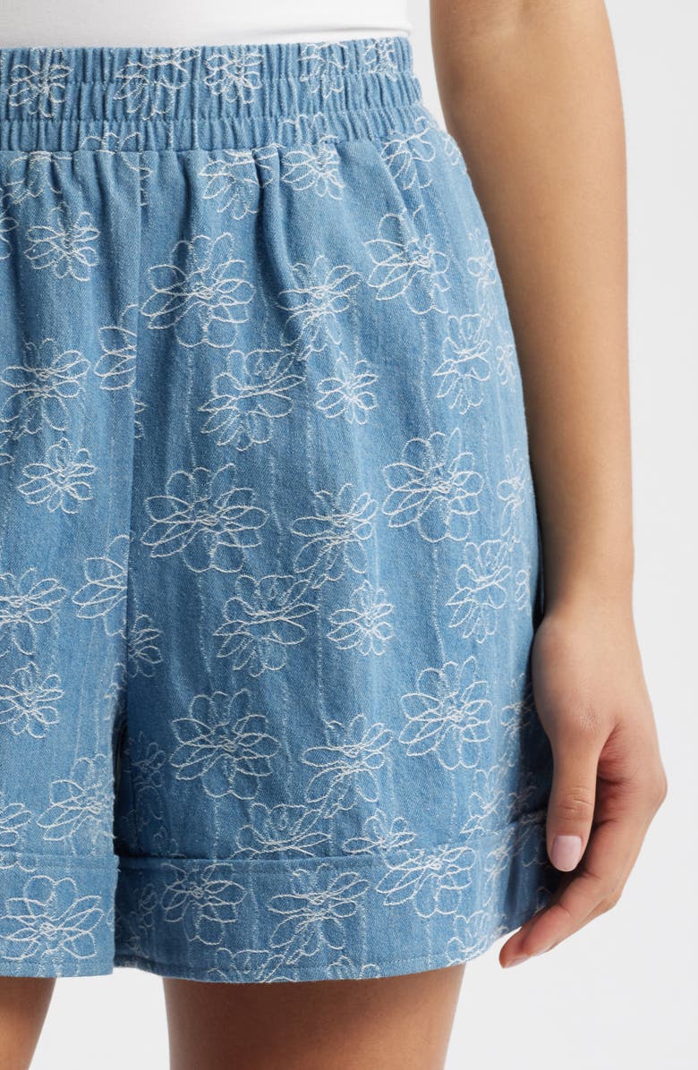 ICHI Floral Print Denim Shorts, Alternate, color, Denim/Cloud Dancer