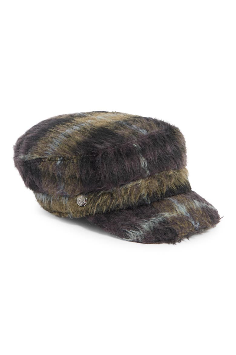 Plaid Brushed Faux Fur Conductor Cap, Main, color, BLACK