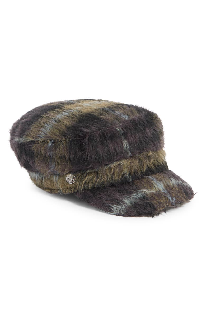 BCBG Plaid Brushed Faux Fur Conductor Cap, Main, color, Black
