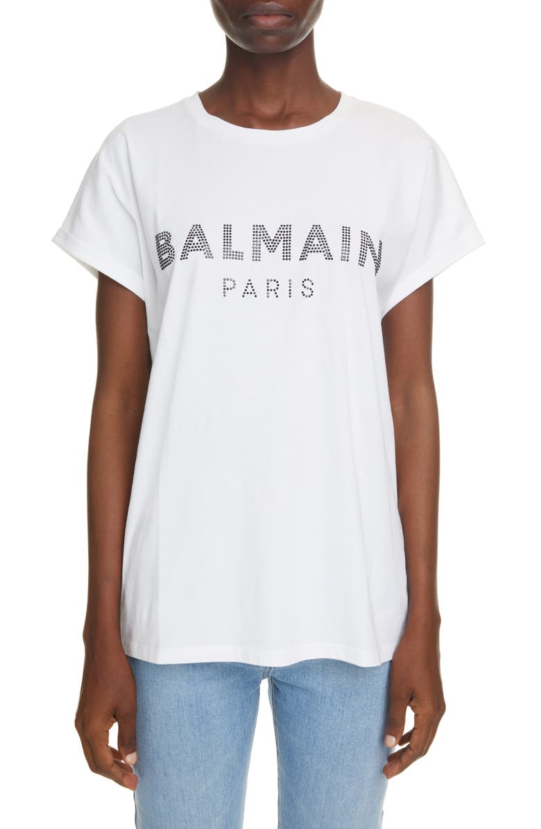 Balmain Crystal Logo Cotton T-Shirt, Main, color, 