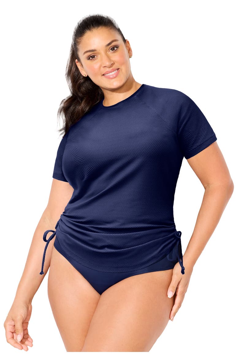 Chlorine Resistant Quick Dry Side Tie Short Sleeve Swim Tee Rash Guard, Main, color, Navy