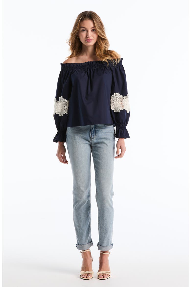 Embroidered Off-the-Shoulder Long Sleeve Top, Alternate, color, PEACOAT