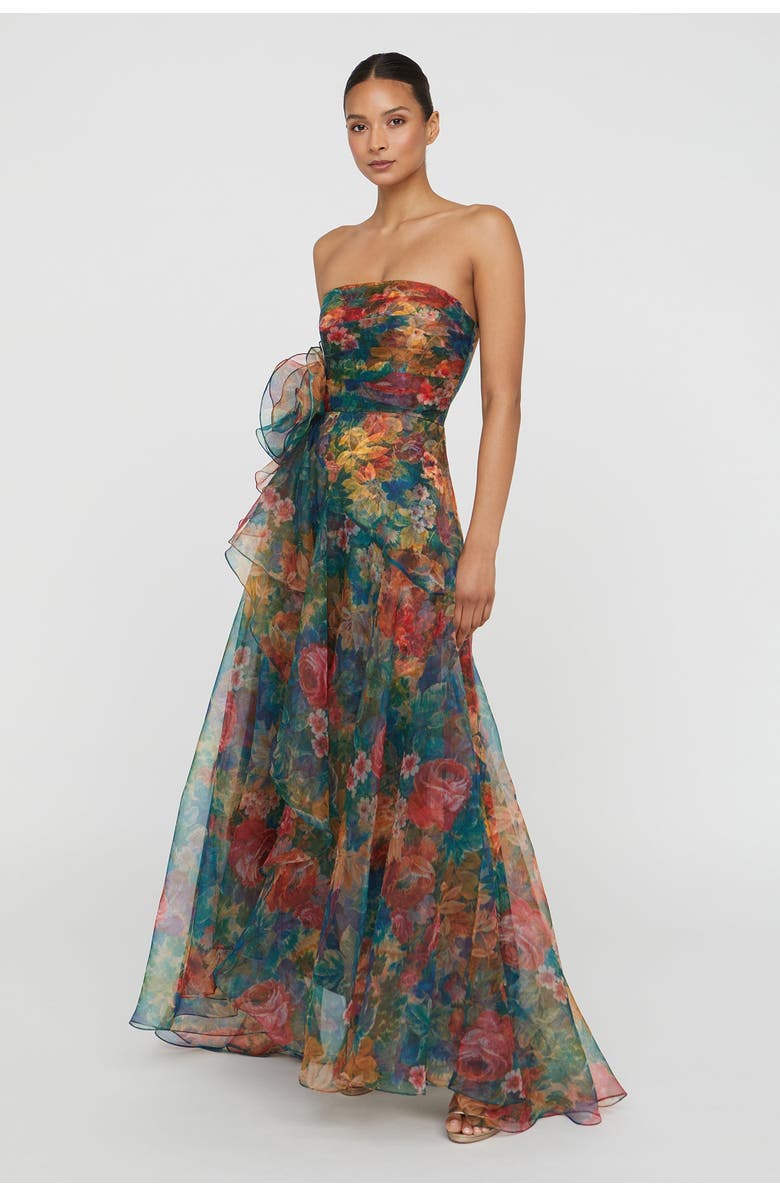 Theia Leora Rosette Ruffle Gown, Alternate, color, Tapestry Roses