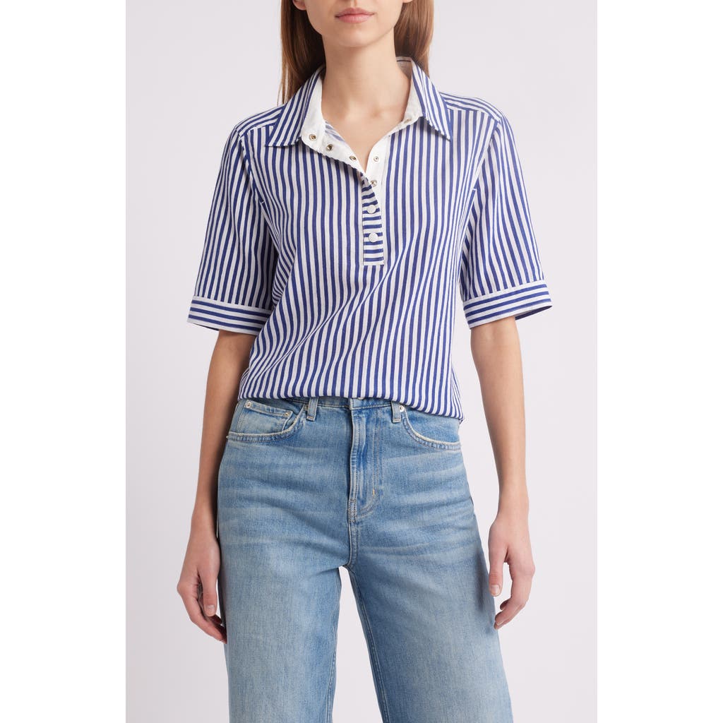 Frame Womens The Snap Striped Cotton-jersey Top Marine Blue Multi In Blue
